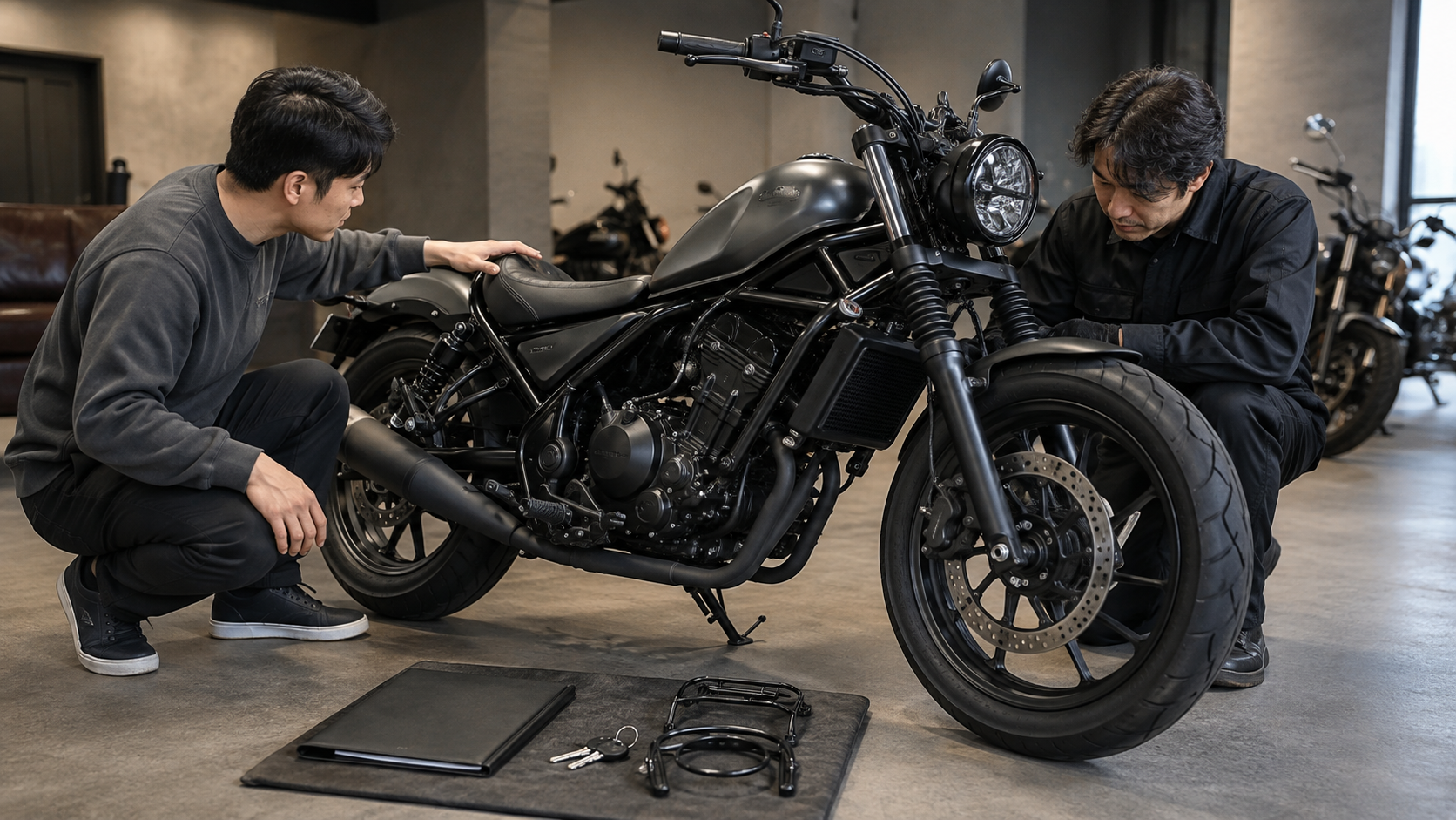 中古のレブル250系カスタム車を整備士と確認する購入希望者