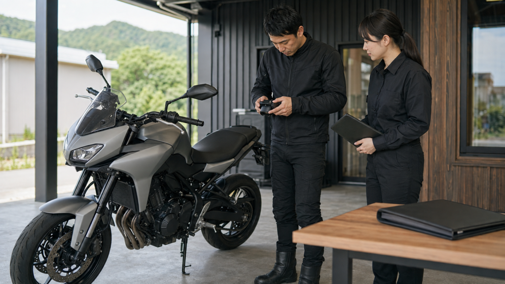 スタッフと車体の傷や補償範囲を確認してから出発する様子