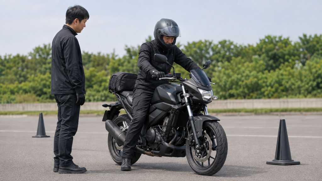 足つきと押し引き、姿勢をレンタル車で確認するライダー