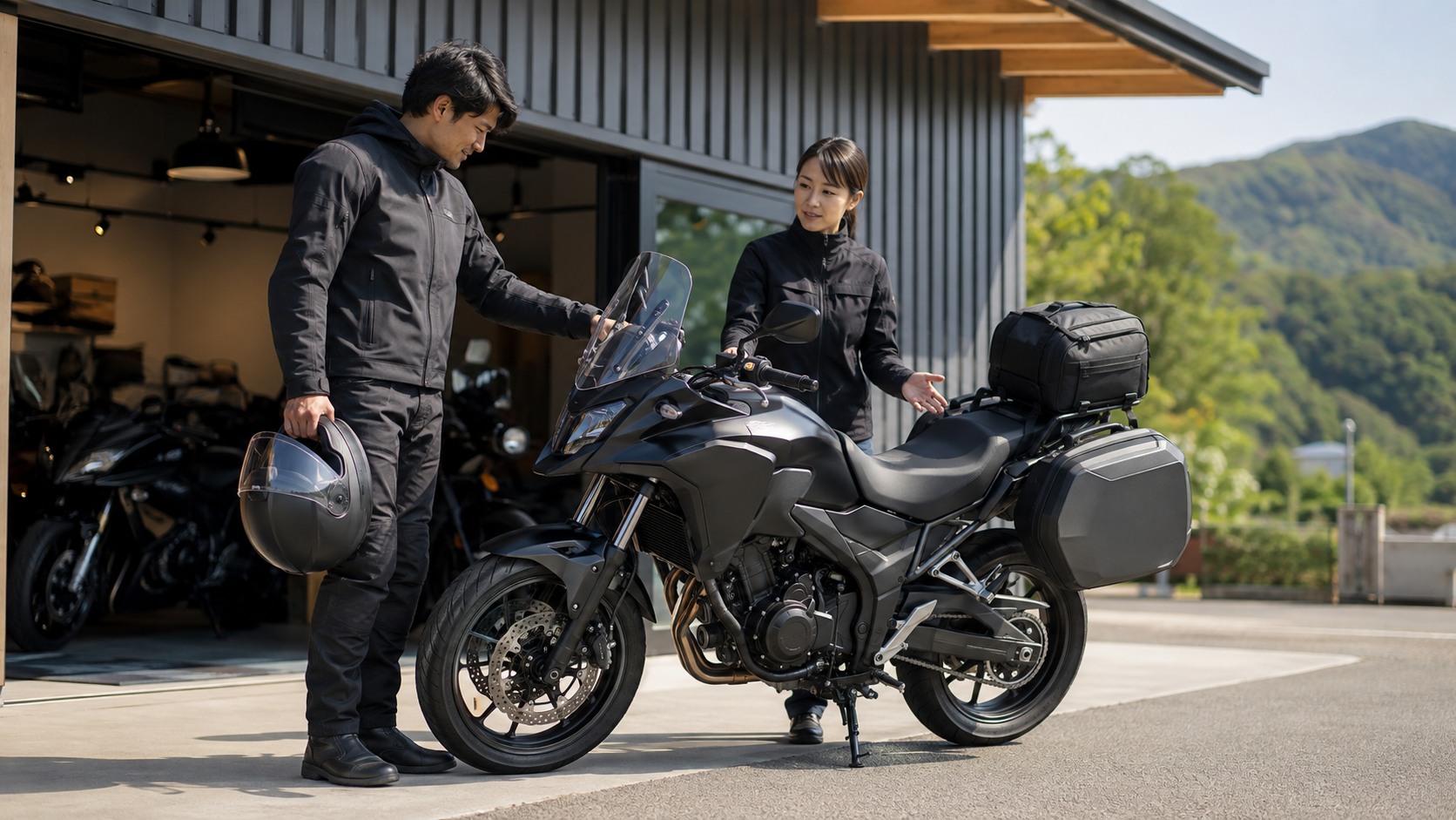 レンタル店でツーリングバイクを受け取る日本人ライダー