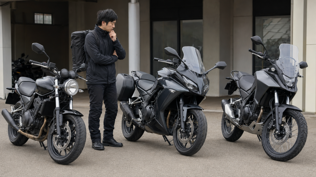 用途に合う複数のレンタルバイクを比較する旅行者