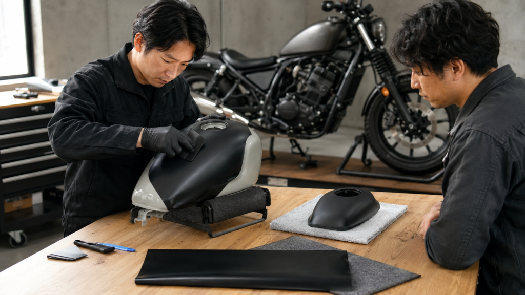 純正塗装を保護しながらレブル250系タンクへ無地のラッピングを仮施工する作業場面