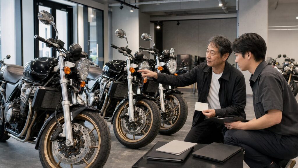 年式や状態が近い複数のバイクを見比べて買取相場を調べる日本人オーナー
