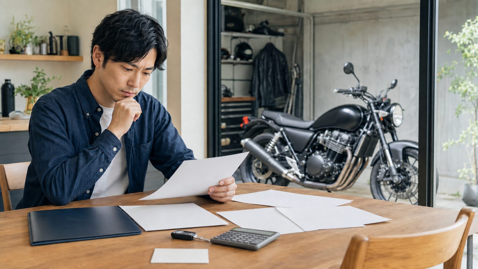 ローン契約書とバイクの鍵を前に売却手順を確認する日本人オーナー