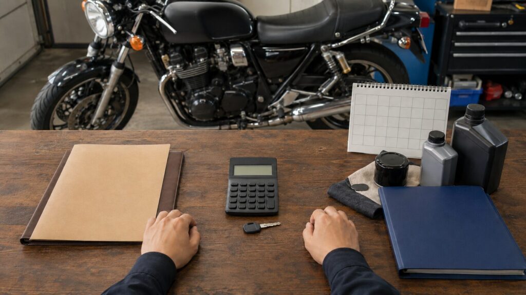 現在の査定と今後の保管費を比べてバイクの売り時を決める様子