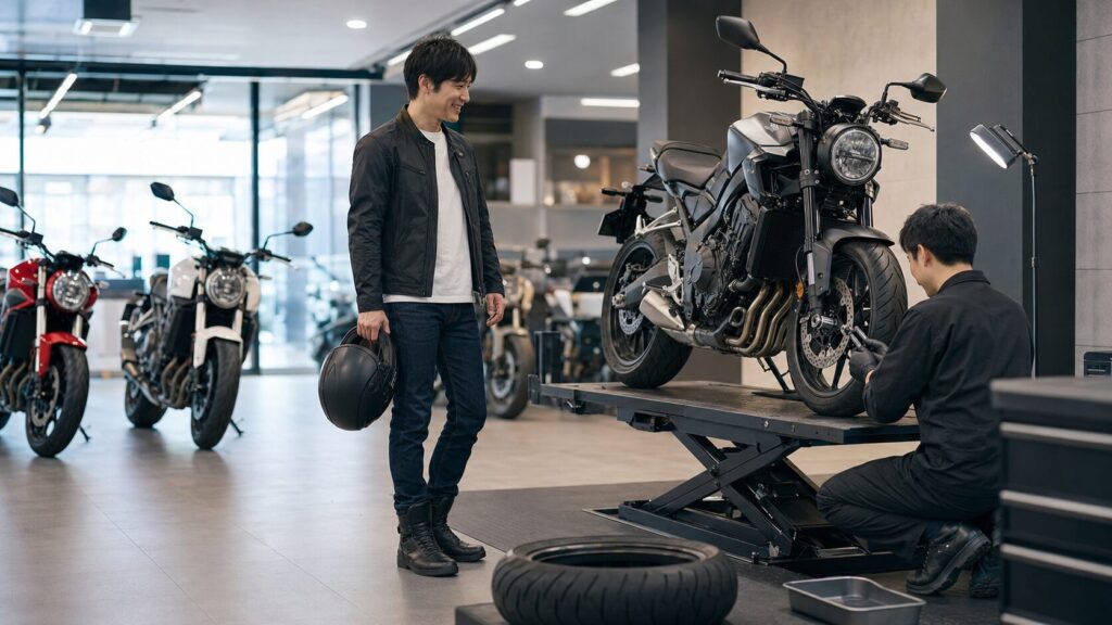 バイク店舗の明るい整備スペースで持ち込み査定を受ける日本人ライダー
