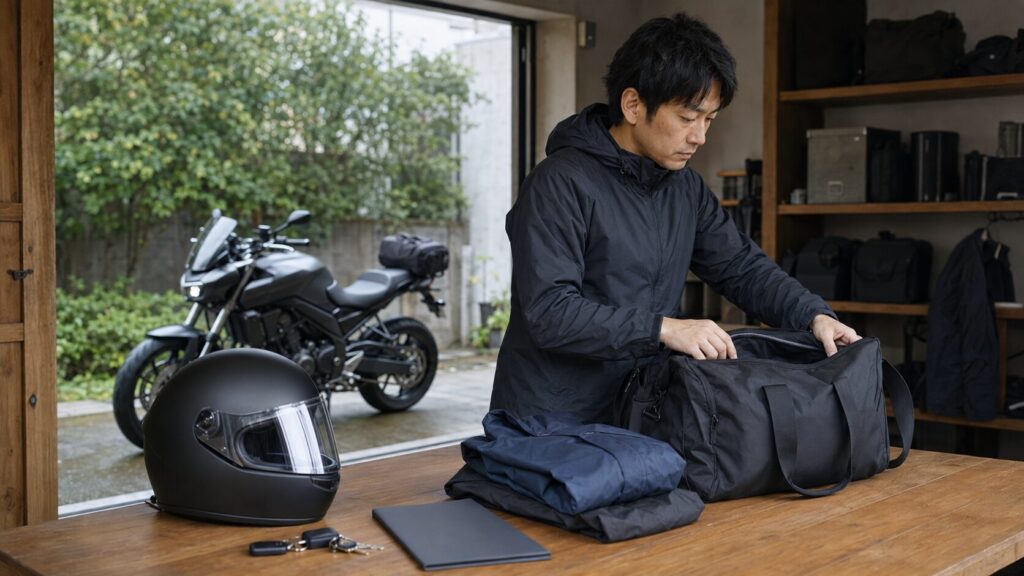 ヘルメットと荷物を置いて宿泊行程を確認する一人旅のライダー