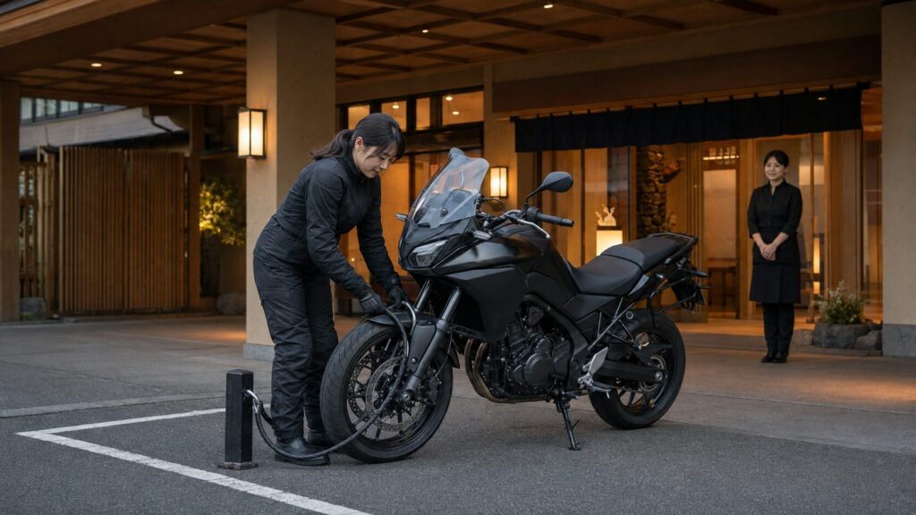 宿の明るい駐車場でバイクへロックを掛ける女性ライダー