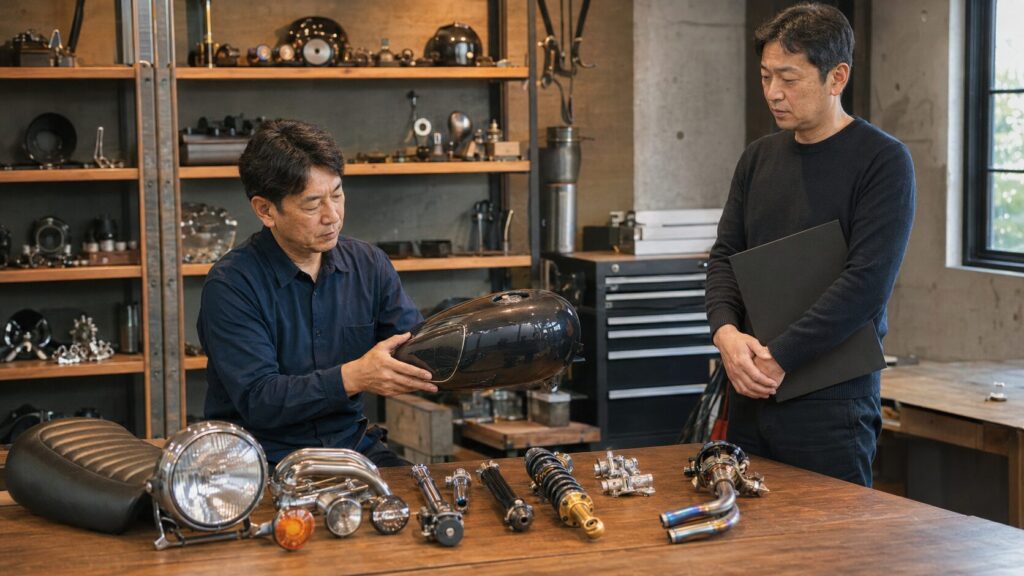 希少なカスタムバイクを専門査定する担当者と日本人オーナー