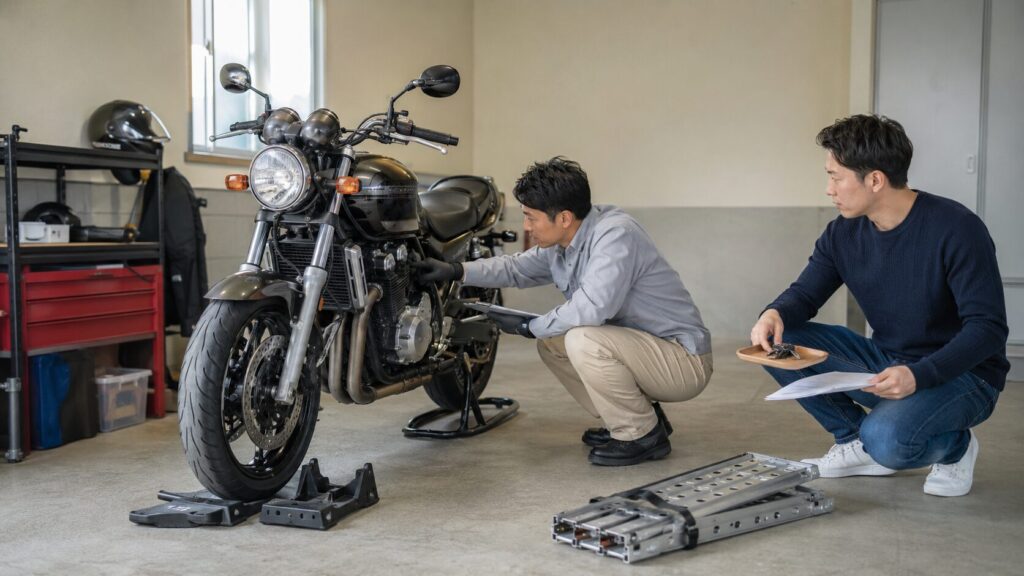 公道を走らせず私有地で車検切れバイクを点検する査定担当者