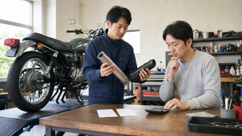 純正部品へ戻す前に作業費と査定差を検討する日本人オーナーと整備士