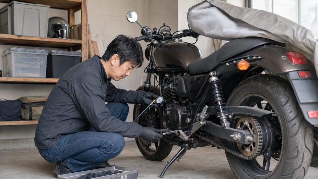 長期間保管したバイクのタイヤとバッテリー状態を点検するオーナー
