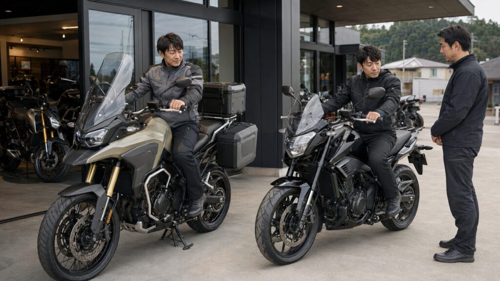 ツーリングバイクの姿勢と風防、積載性を実車で確認する日本人ライダー 