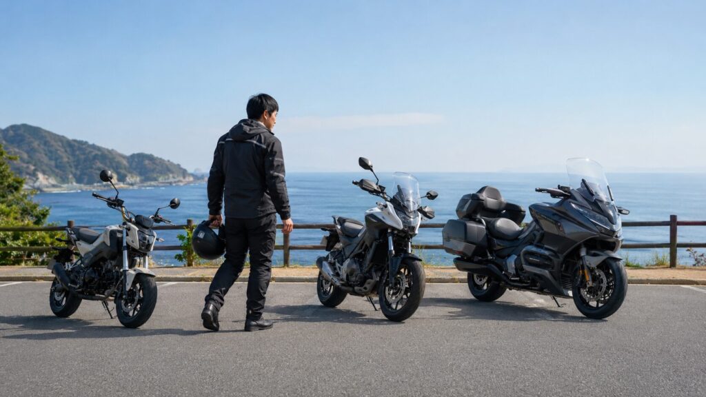 小型・中型・大型のツーリングバイクを同じ条件で比較する様子 