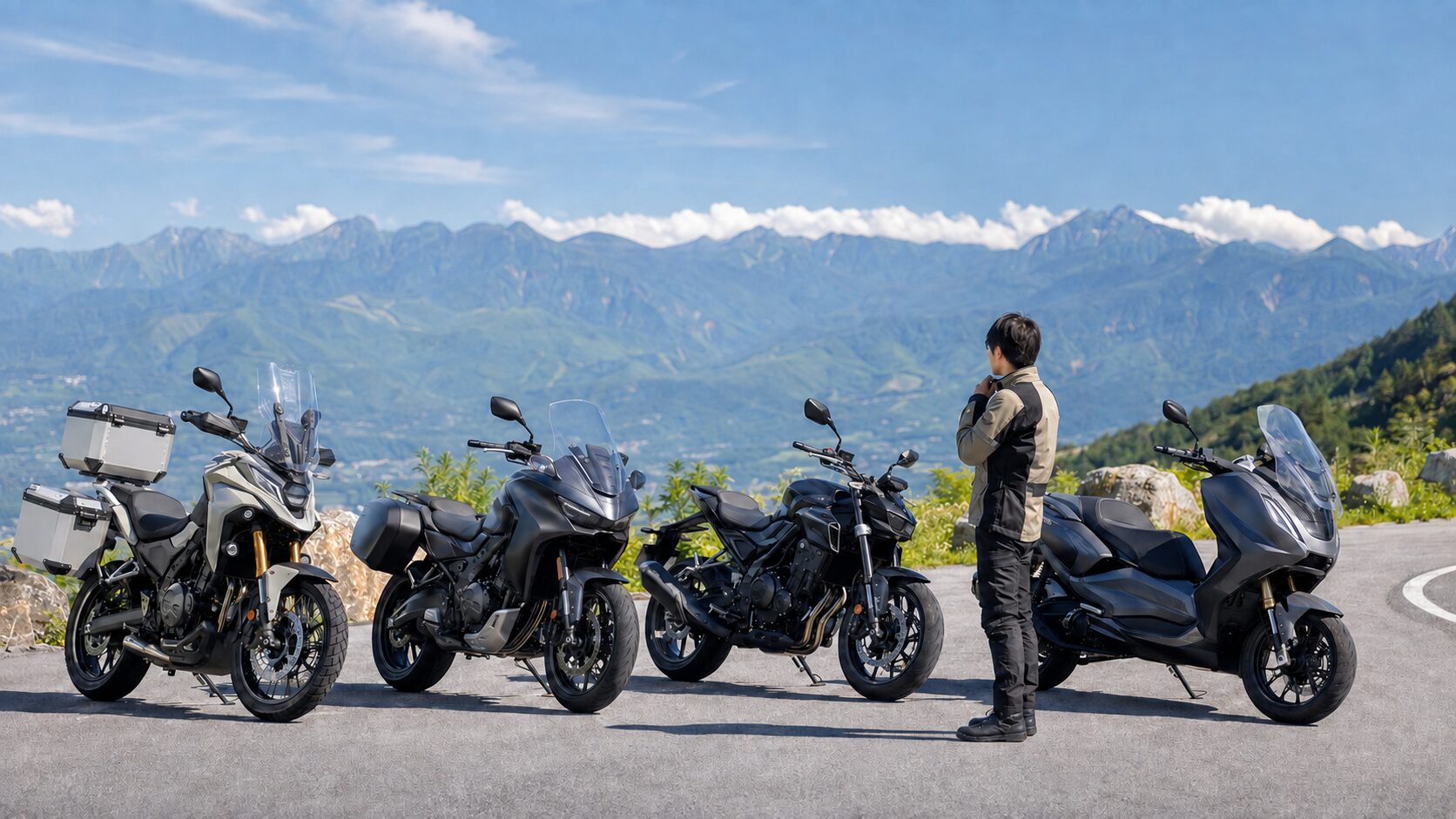 アドベンチャーやスポーツツアラーなど用途の異なるバイクを比較する日本人ライダー