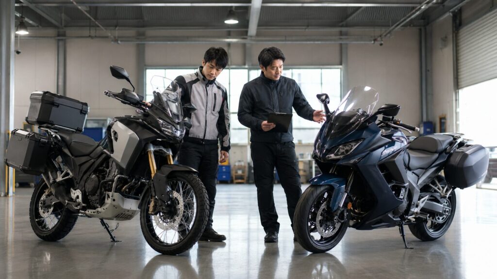 アドベンチャーとスポーツツアラーの車体特性を比較するライダー 