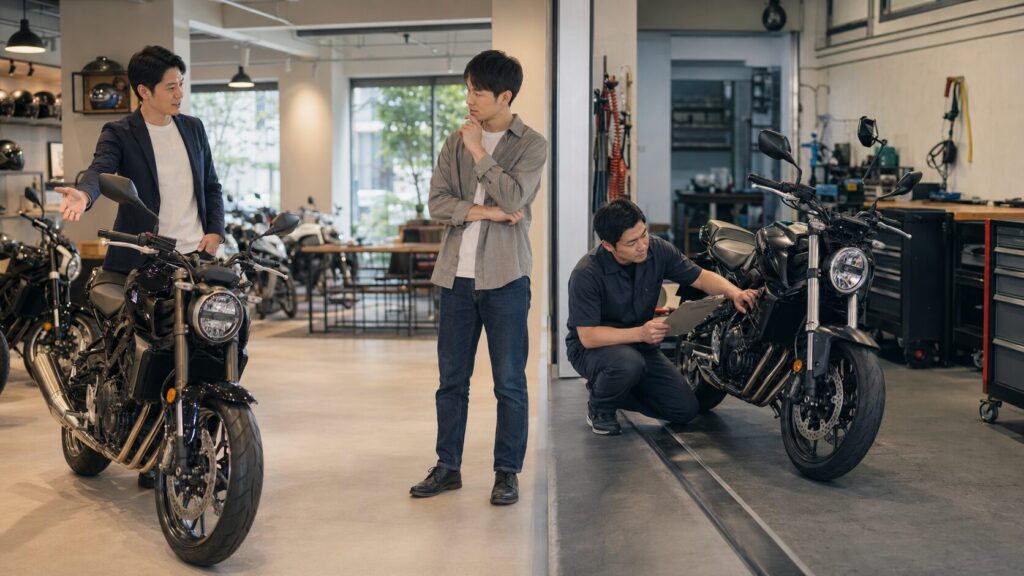 販売店の下取りと専門店の買取査定を二つの場面で比較するバイクオーナー