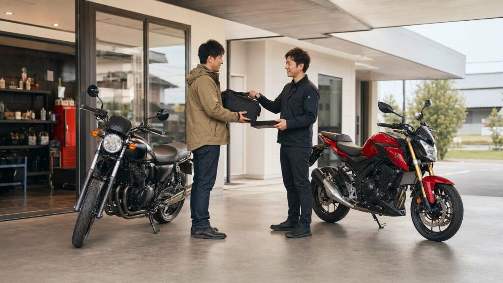 今のバイクで販売店へ到着し新しいバイクへ乗り換える日本人ライダー
