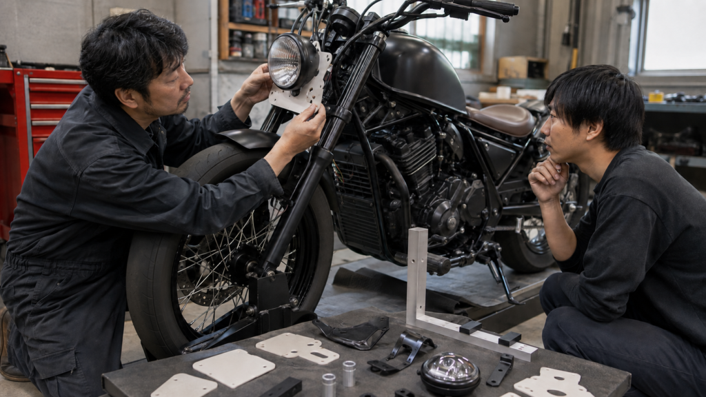 旧型250ccクルーザーへ流用するブラケットと灯火部品を治具で仮合わせする整備士