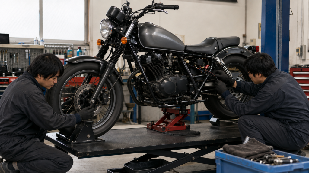旧型250ccクルーザーのブレーキ・タイヤ・ホース・電装をカスタム前に点検する整備士