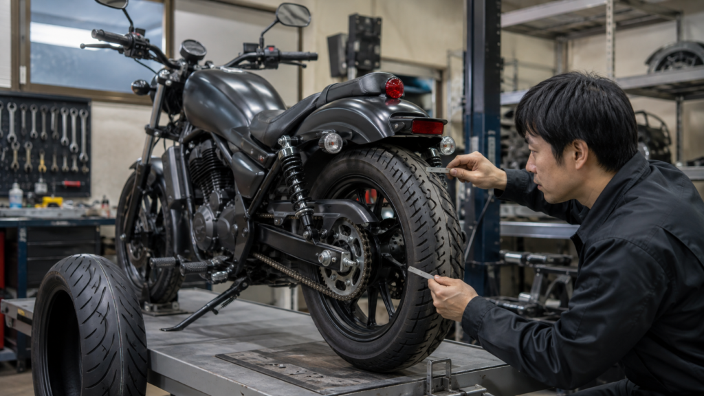 レブル250系車両のワイドタイヤ候補とスイングアーム・フェンダー・チェーンの距離を確認する整備士