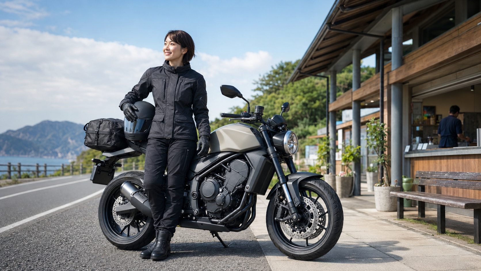 明るい時間に絶景を楽しむ日本人女性ソロライダー